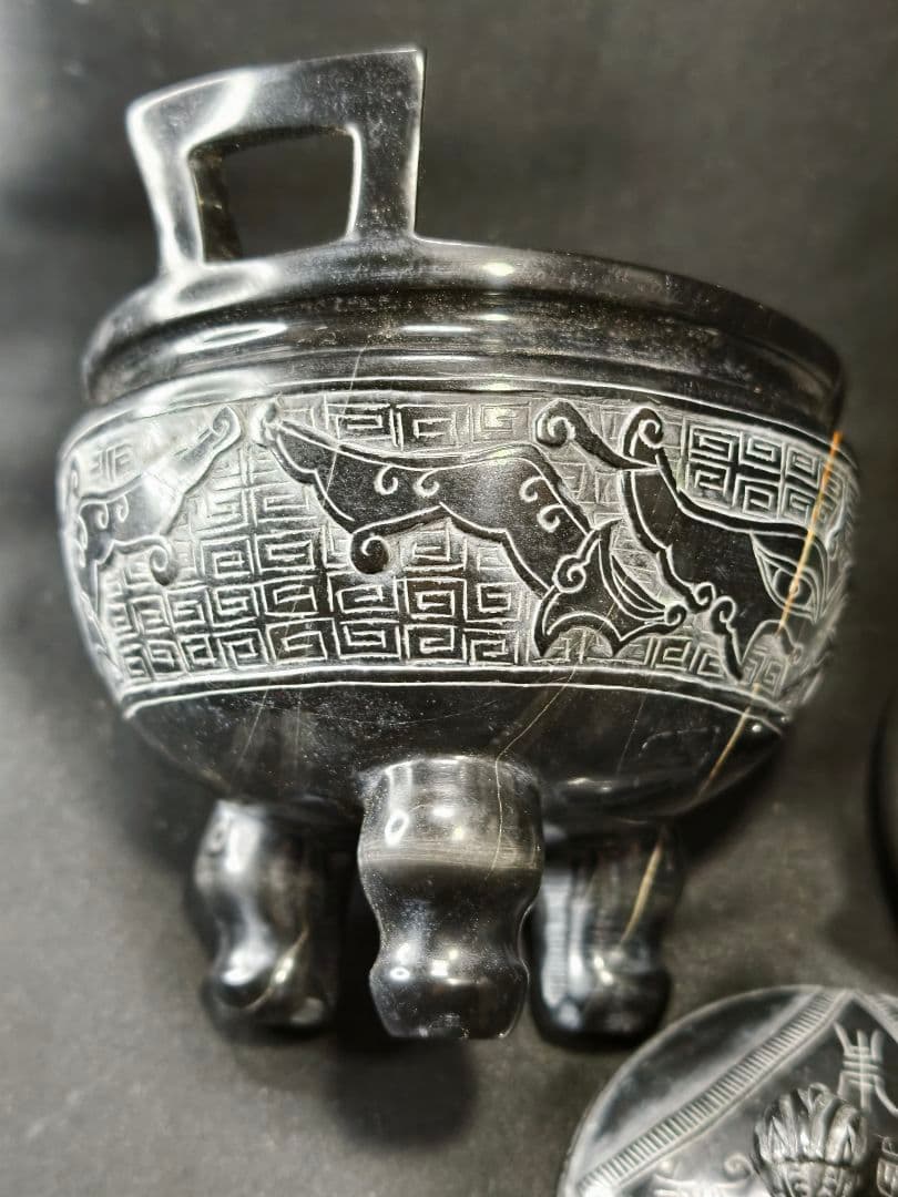 霊壁石香炉 中国名石 獅子摘み 共箱 手彫り置物 茶道具 旧家蔵出 未使用美品