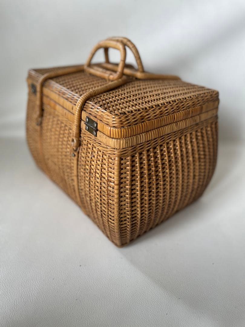 竹細工 竹編み細工 天然素材 手付き バスケット 籠 古民具 当時物 ピクニック