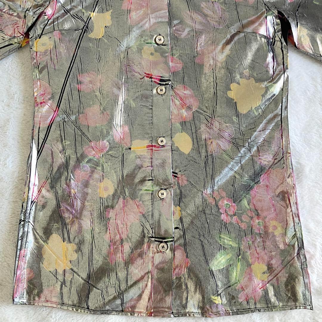 新品 グッチ 18SS シルク総花柄 ラミネート加工 長袖シャツ 38 シルバー