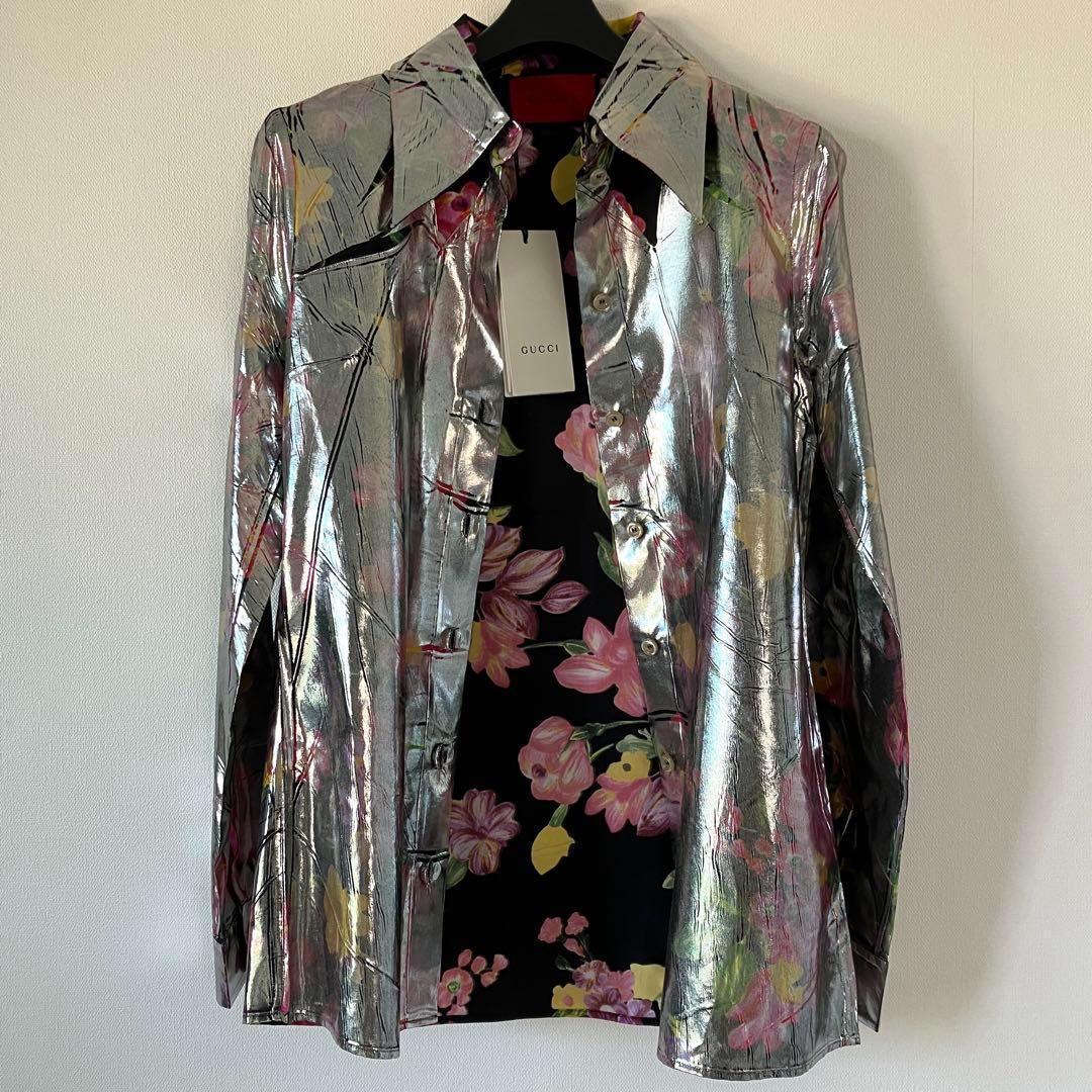 新品 グッチ 18SS シルク総花柄 ラミネート加工 長袖シャツ 38 シルバー