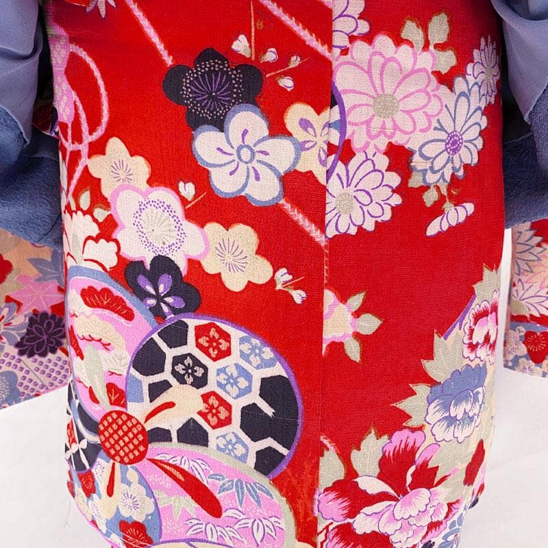 508ag78◎七五三 三歳 女の子 アンティーク着物&被布 レトロ 扇 赤◎