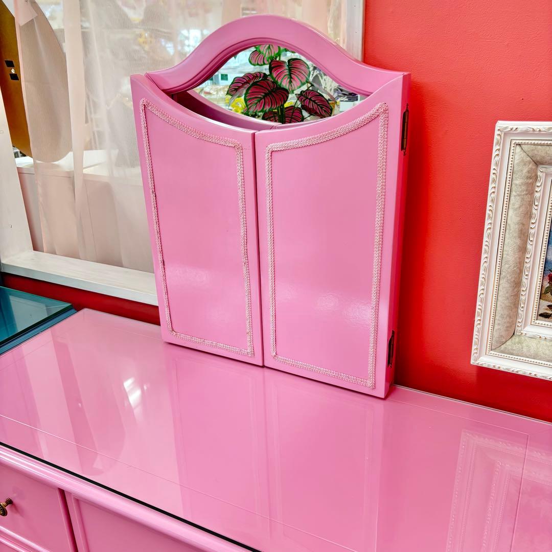 ピンク 三面鏡付ドレッサー マホガニー材 3面鏡 高級 綺麗 開梱設置サービス