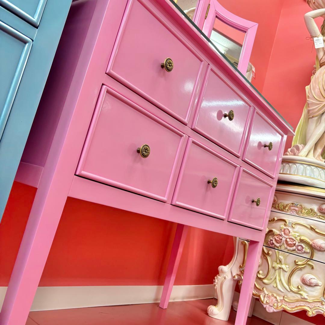 ピンク 三面鏡付ドレッサー マホガニー材 3面鏡 高級 綺麗 開梱設置サービス