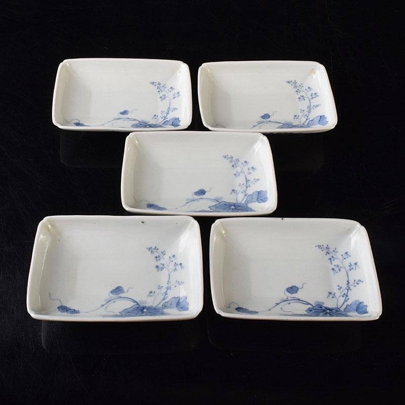 伊万里焼　古伊万里　大川地焼　染付　蓮文　四方向付　五客　時代箱　M　R8185