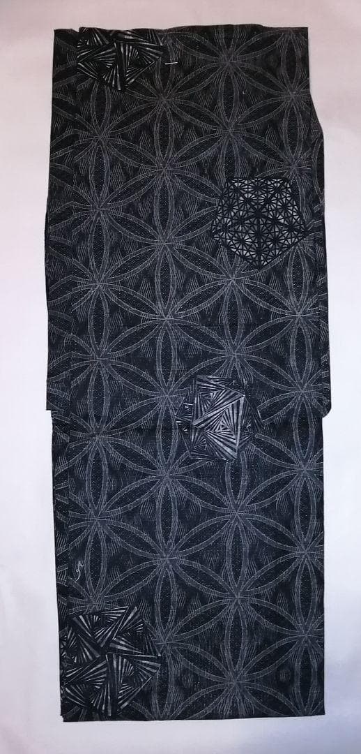 ★なおはる★サロン浴衣 縦絽 細密染 麻の葉柄 黒茶系