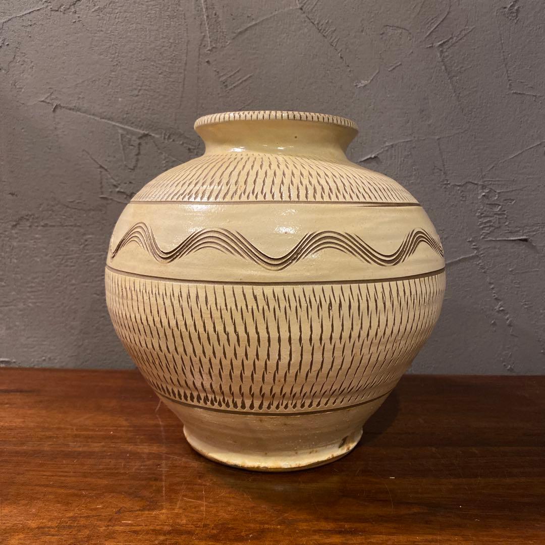 時代物 小鹿田焼 飛び鉋 花器 壺 フラワーベース アート 骨董品 アンティーク