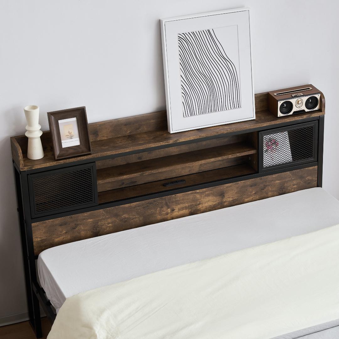 人気再入荷！D・ダブル　高級ベッドフレーム・コンセント付きBROWN