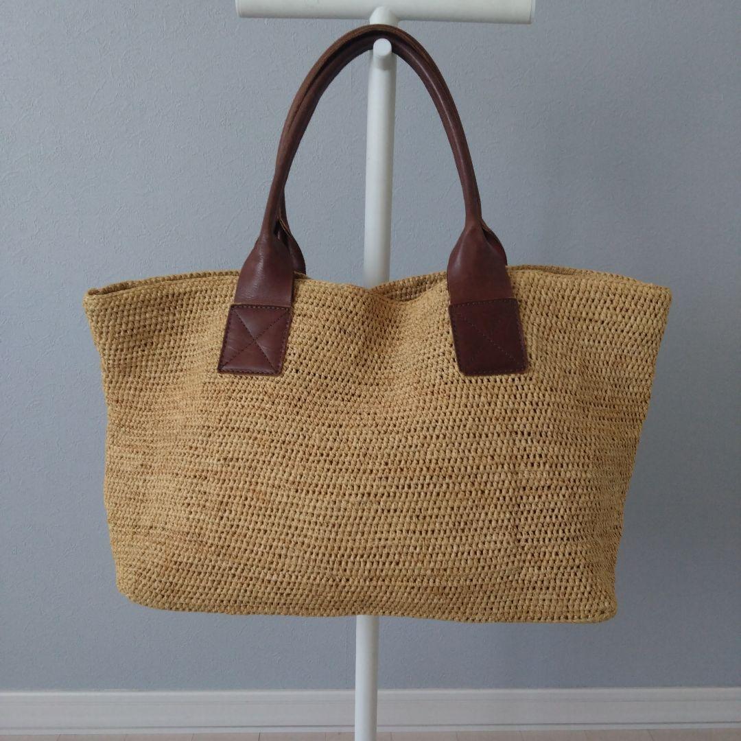 ヘレンカミンスキー　ラフィアトートバッグ　レザーハンドル ベージュレディース