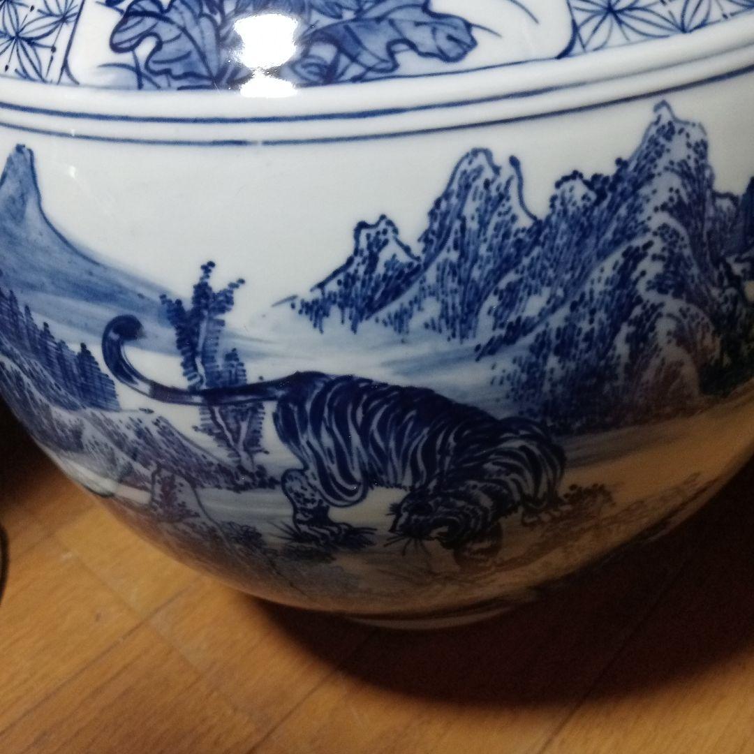 大清康熙年製在銘　四君子(蘭・竹・菊・梅)と5匹の虎　中国陶器花瓶壺