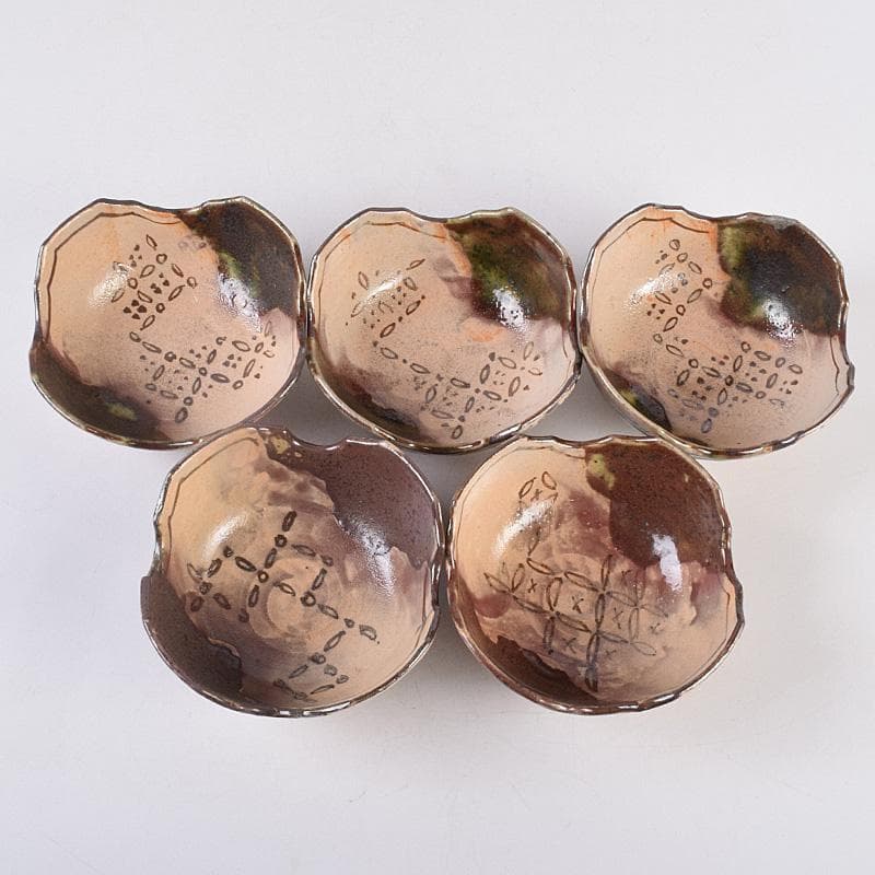 和食器　瀬戸織部　鳴海織部　加藤作助作　割山椒向付　五客　時代箱付　VR9005