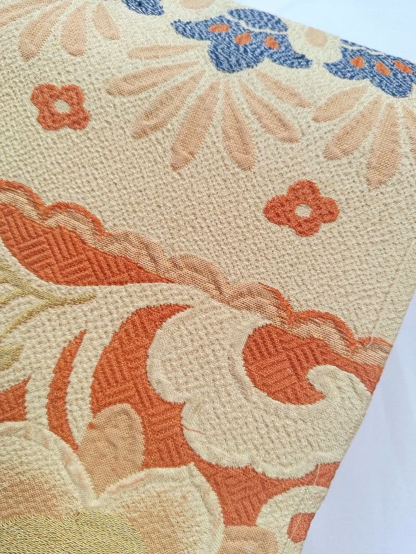 名古屋帯花柄レトロフラワーオレンジ金糸青色女和服ベージュクリーム色正絹着物帯和装