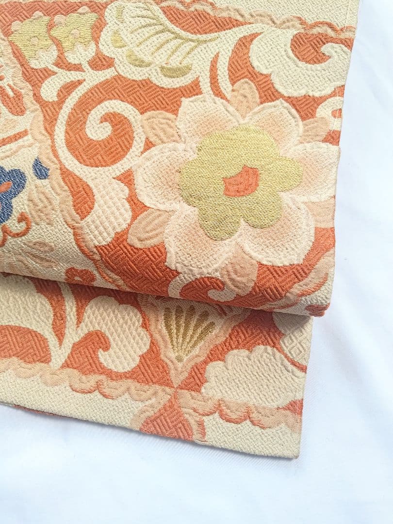 名古屋帯花柄レトロフラワーオレンジ金糸青色女和服ベージュクリーム色正絹着物帯和装