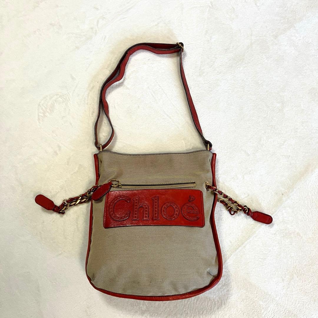 クロエ ハーレー キャンバス レザー ショルダーバッグ 斜め掛け 赤
