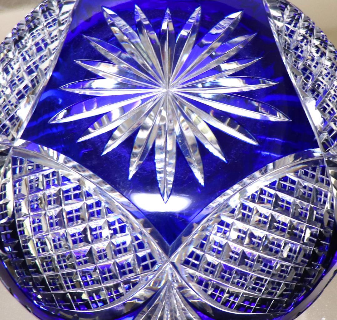 オールド・バカラ 1890年美術館級 大型青色被せ装飾 丸型切子鉢 茶懐石道具