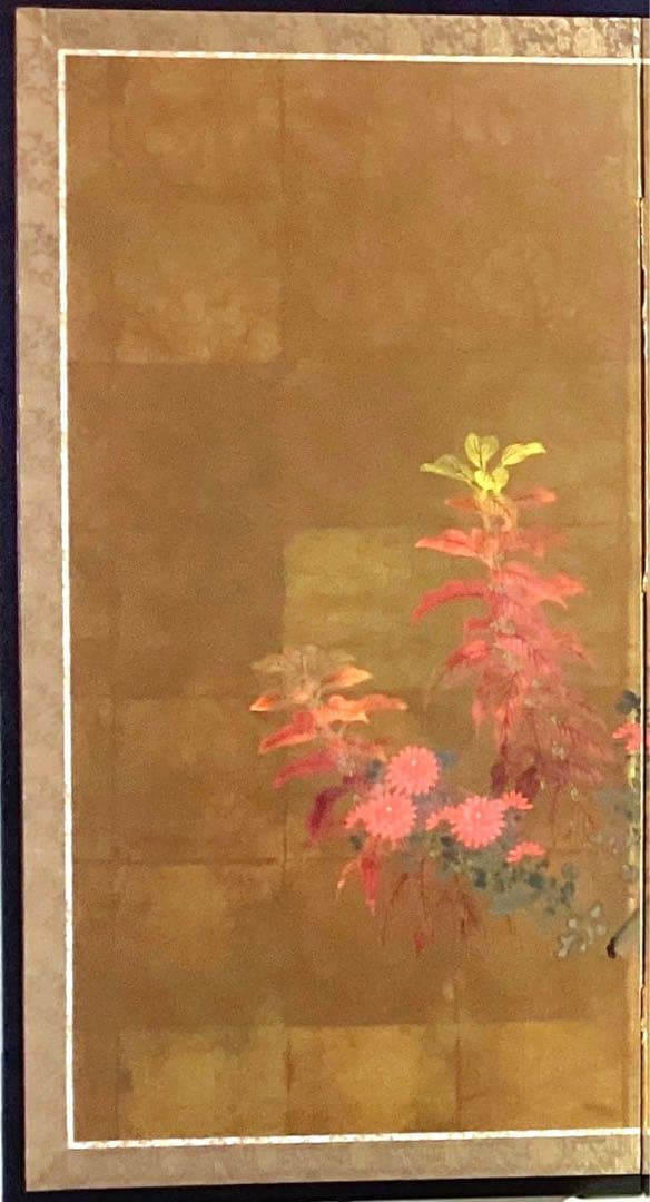 四つ折り屏風　日本画　金箔彩色　『菊にツワブキ』