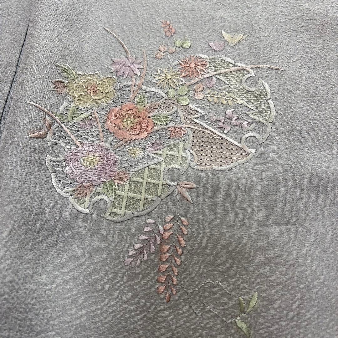 ■E535■美品■正絹■秘色色　汕頭刺繍　全刺繍柄　袷　訪問着■丈169　裄67