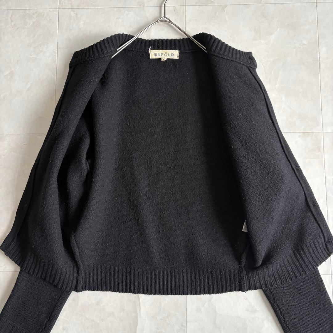 ENFOLD ウールナイロン クルーネックカーディガン 黒38 ショート丈