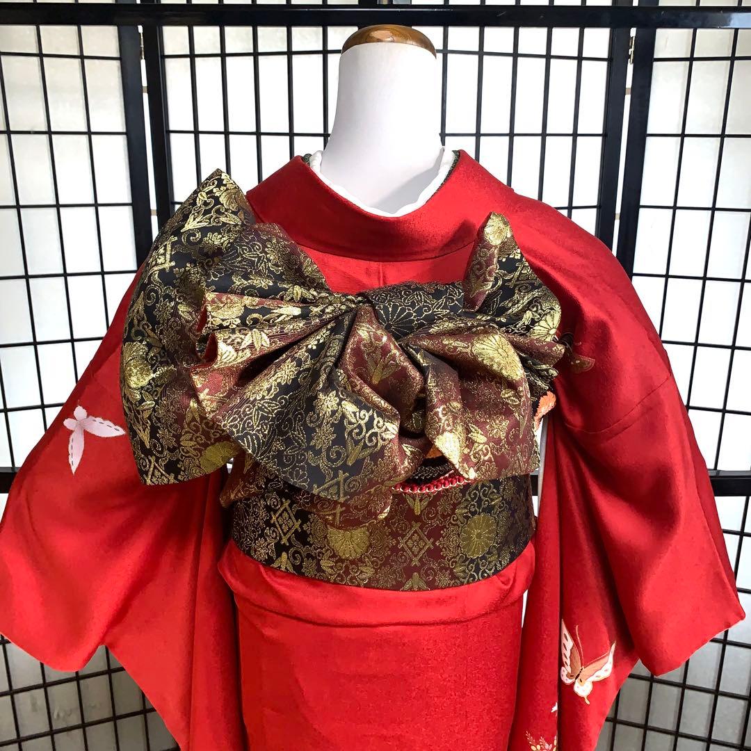 m*k様 【大特価】振袖　6点セット　蝶柄　花車　友禅　身丈166cm 朱赤系