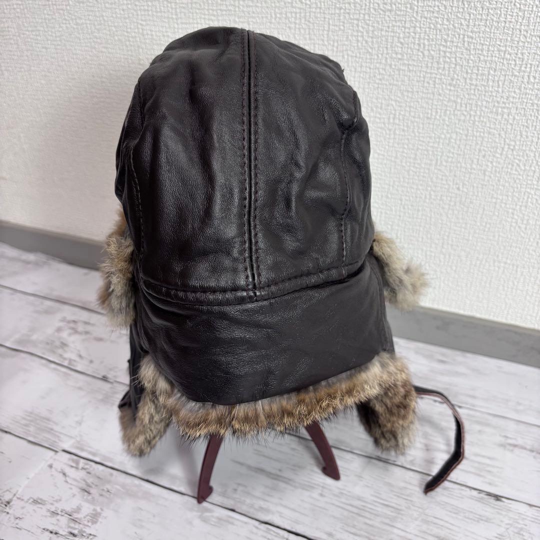 本革 フライトキャップ 60 ブラウン ゴートスキン ラビットファー 耳当て付き