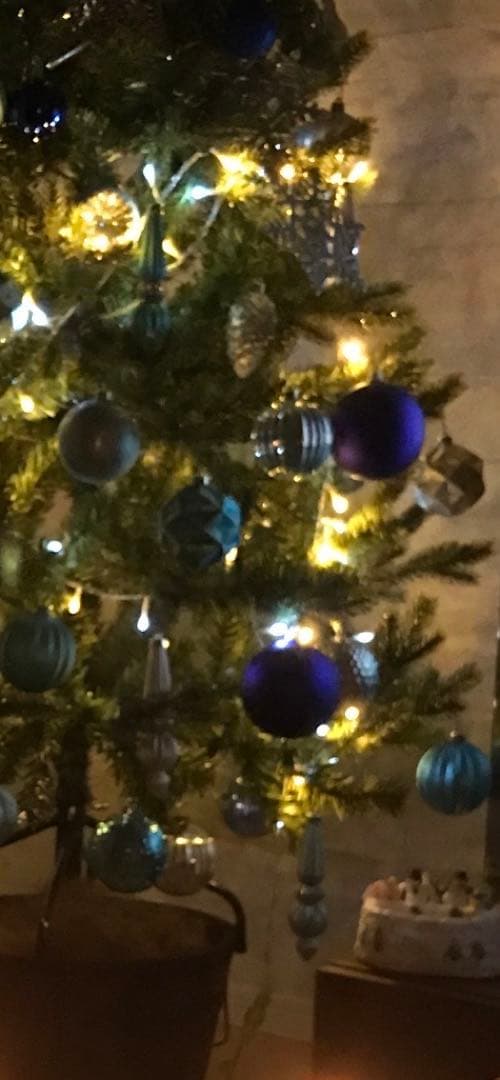 青と銀のクリスマスツリー 本物のモミの木に近い質感　沢山の装飾にサンタ帽付き