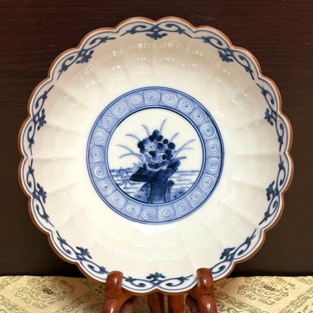 未使用保管✨九谷焼 妙泉陶房 長左窯 染付鳥文 菊鉢 箱入✨山本長左 中鉢 深鉢