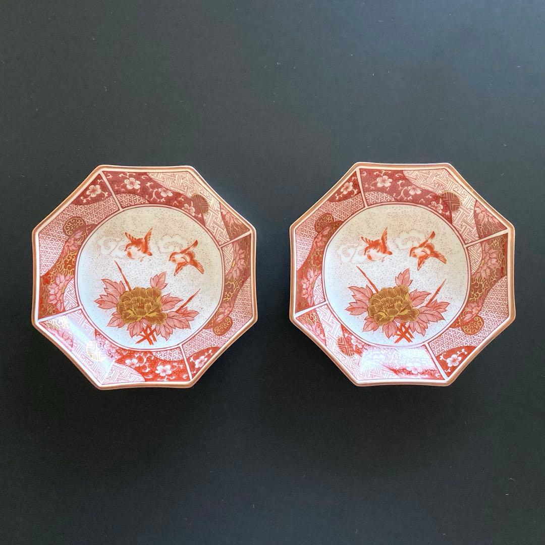 【美品】九谷焼　光山窯　赤絵　金彩　八角皿　銘々皿　12cm ５枚セット