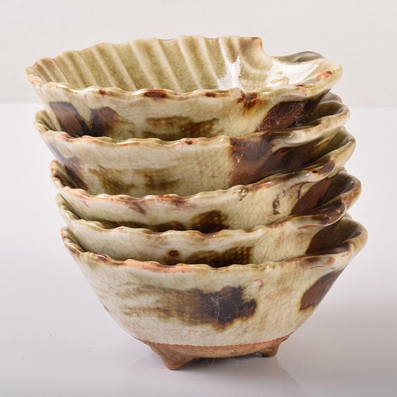 和食器　尾張　御深井焼焼　貝形向付　五客　時代箱付　M　R8097