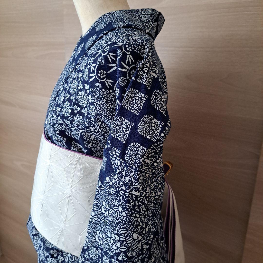 浴衣　藍染　長板中形　綿絽　バチ衿