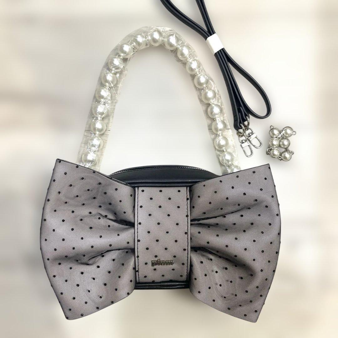 pium ドットチュールリボン2wayバッグ ピンク×ブラック