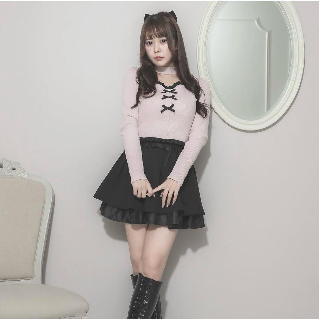 pium ピウム フロントリボンチョーカーカットソー ピンク　トップス