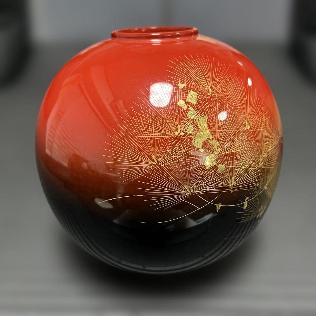 沈金　松　輪島塗　球形花器　漆器　重要無形文化財　天然漆