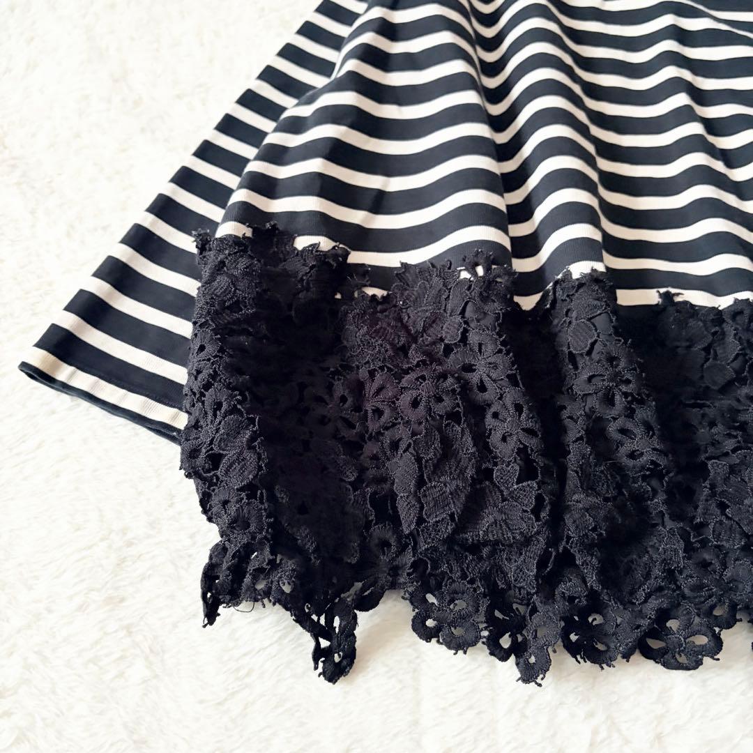 6088 【美品】 ビアズリー 裾レースカットソー ボーダー 調節リボン付き