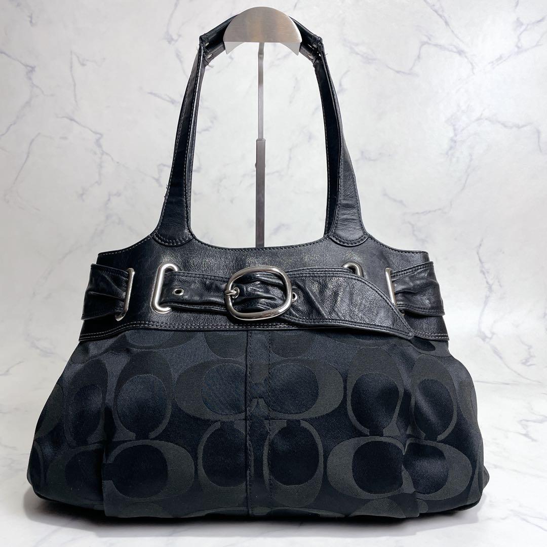 COACH ハンドバッグ シグネチャー キャンバス レザー ショルダー ブラック