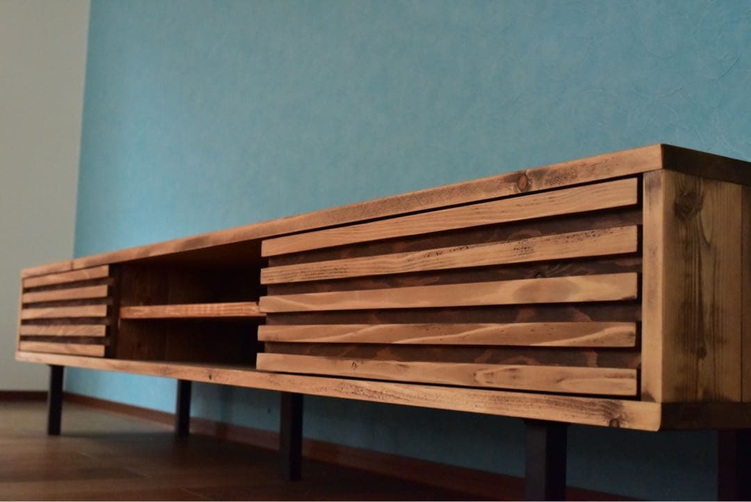 無垢】テレビボード　180㎝　サイド格子　ミディアムブラウン　　鉄脚