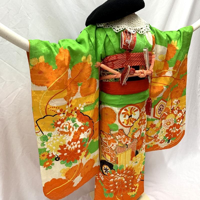 411ag18, 小物類□七五三 七歳 女児 着物&袋帯&長襦袢　□状態良好