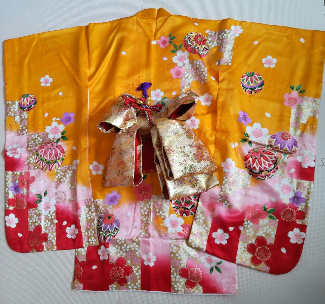 七五三　7歳女の子　黄•赤色着物　作り帯　その他フルセット