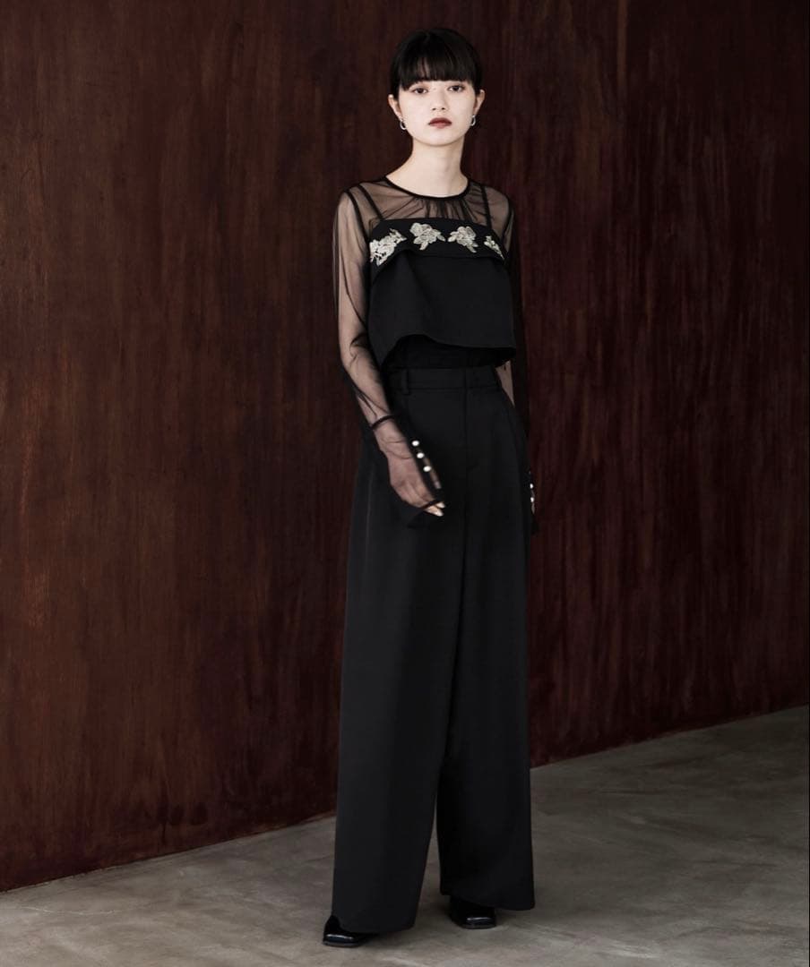 3piece刺繍リボンビスチェ＆タックワイドパンツセットアップ