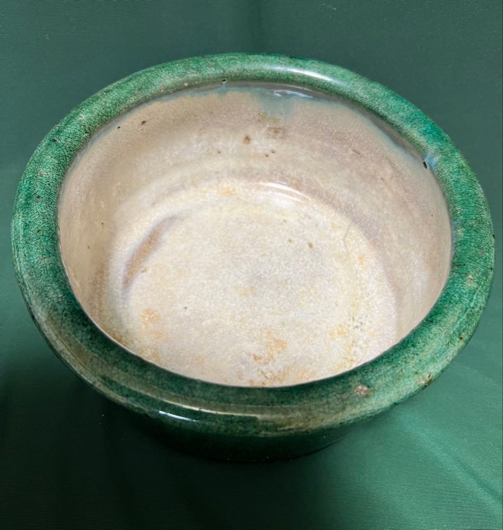 中国清朝緑釉 陶器古美術骨董品 時代物 高さ9cmx口径19.5cm整理品現状品