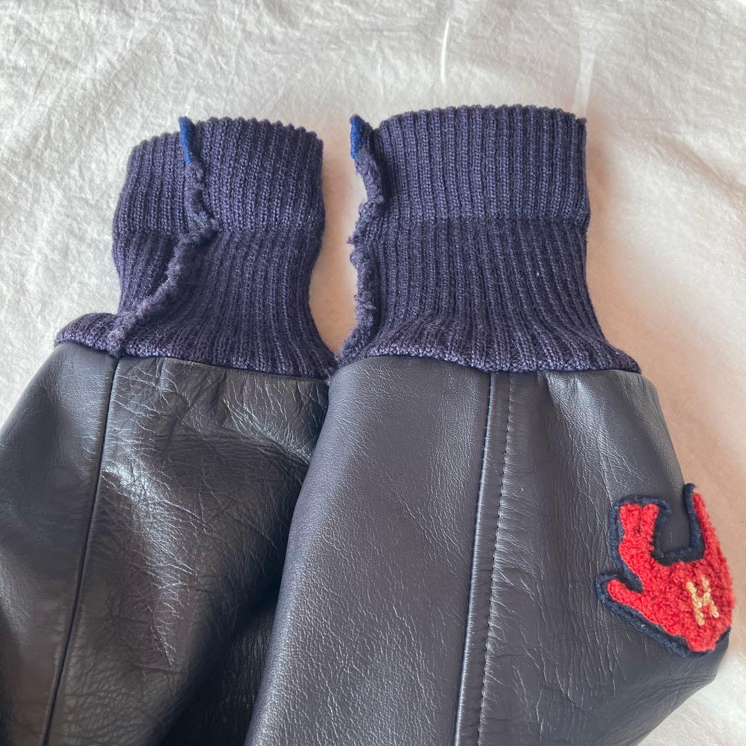 ハリウッドランチマーケット　レザースタジアムジャンパー　ネイビー