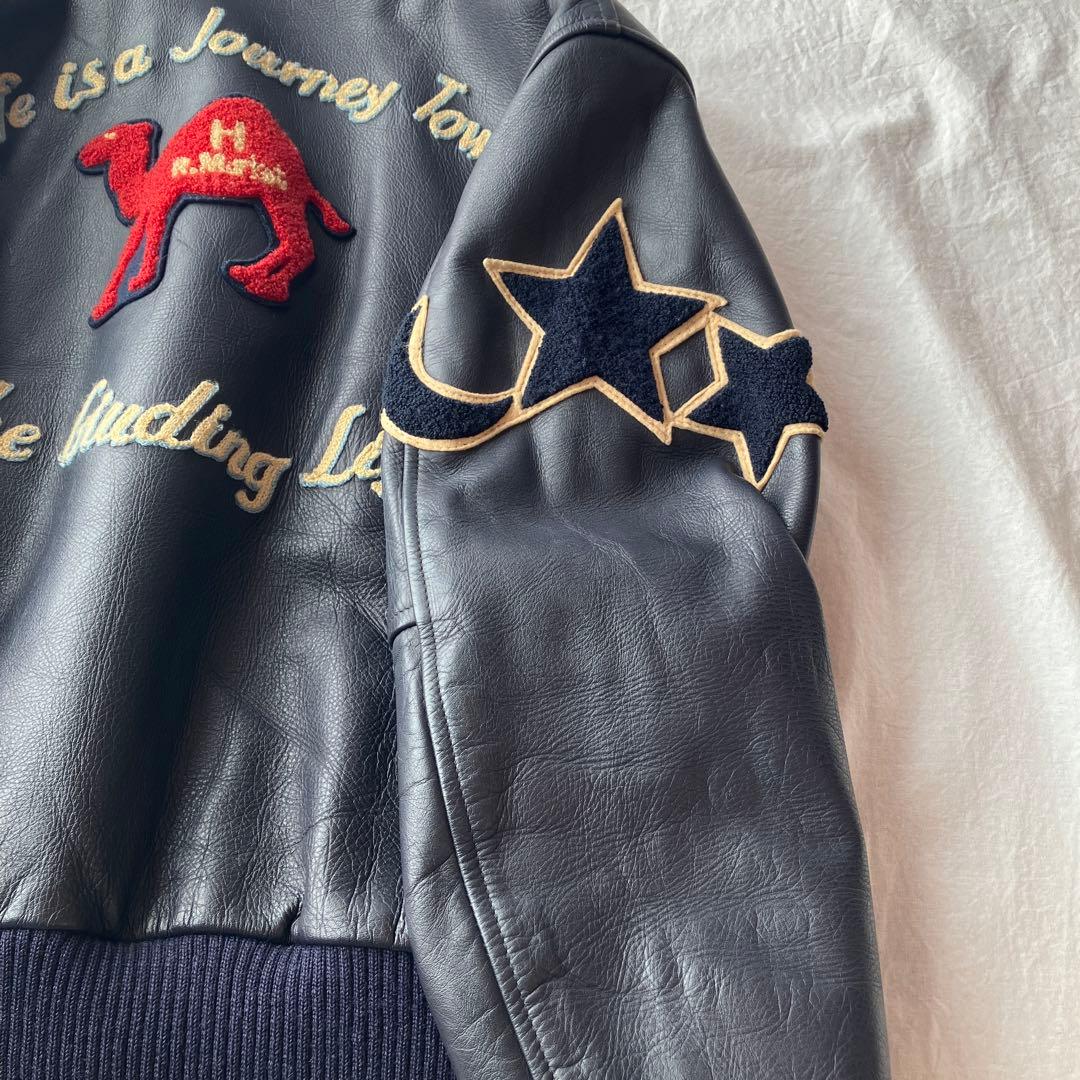 ハリウッドランチマーケット　レザースタジアムジャンパー　ネイビー