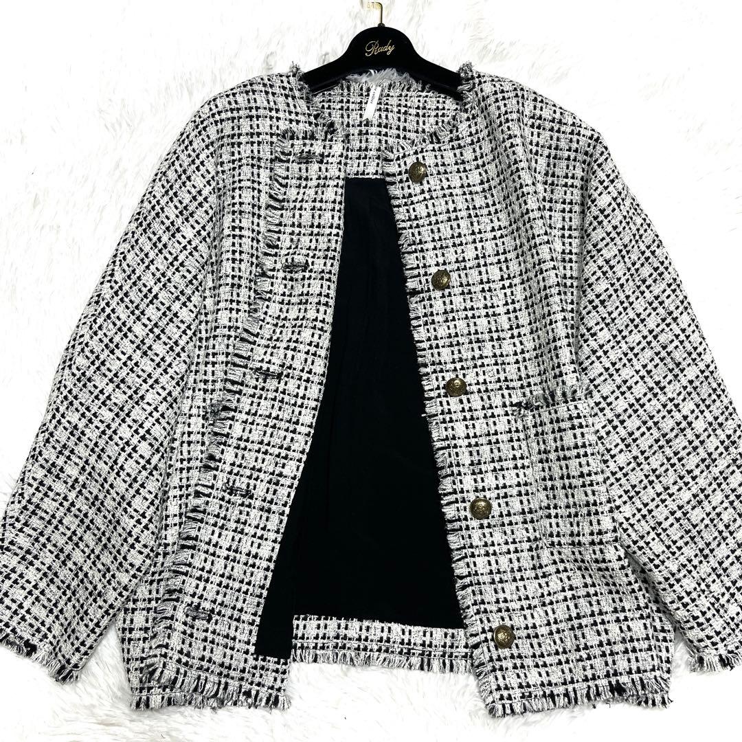 美品 ディニテコリエ ノーカラー ツイード ジャケット ドルマン ホワイト