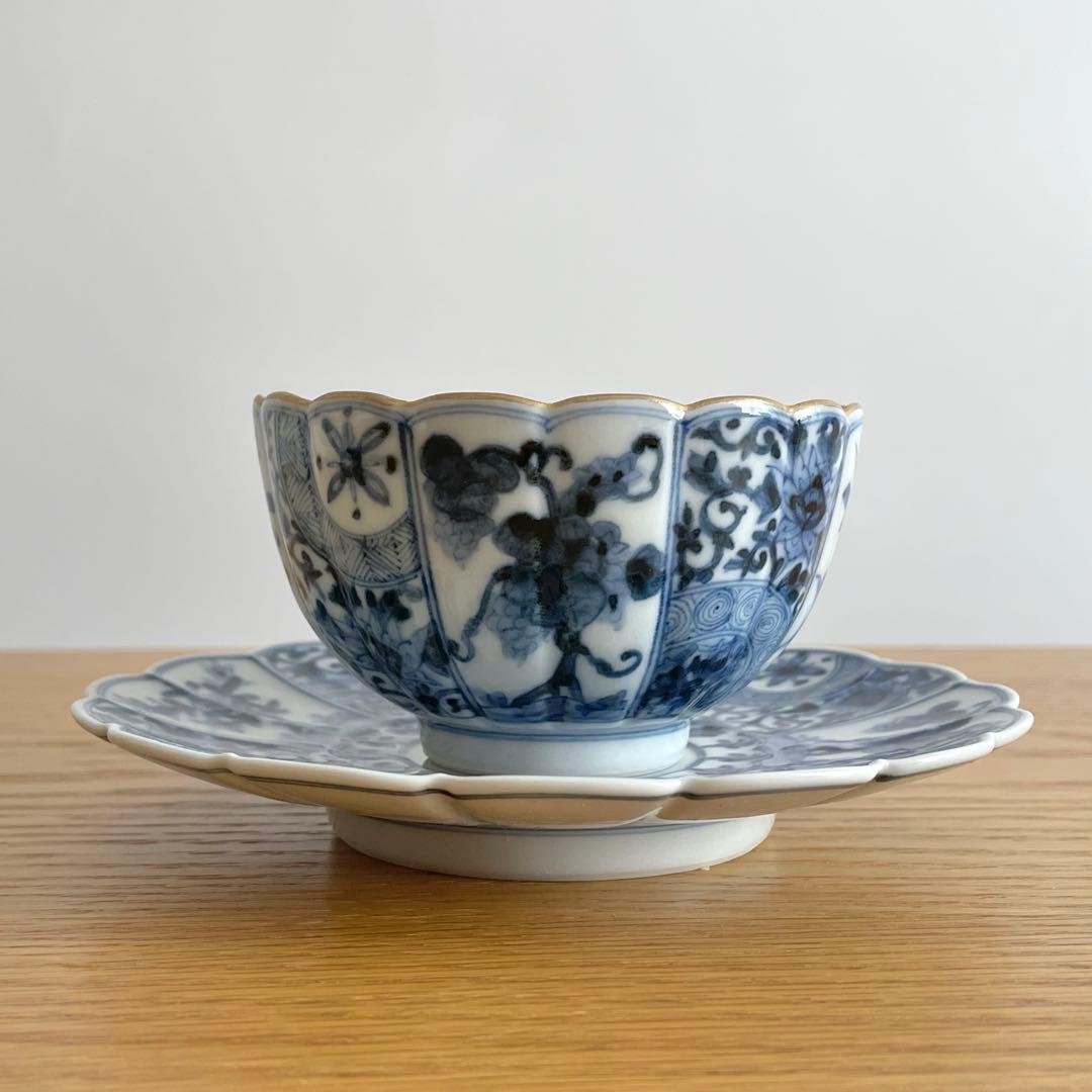 山本長左 藍九谷 菊型珈琲碗皿 樹花文 カップ＆ソーサー 染付 宮内庁御用達