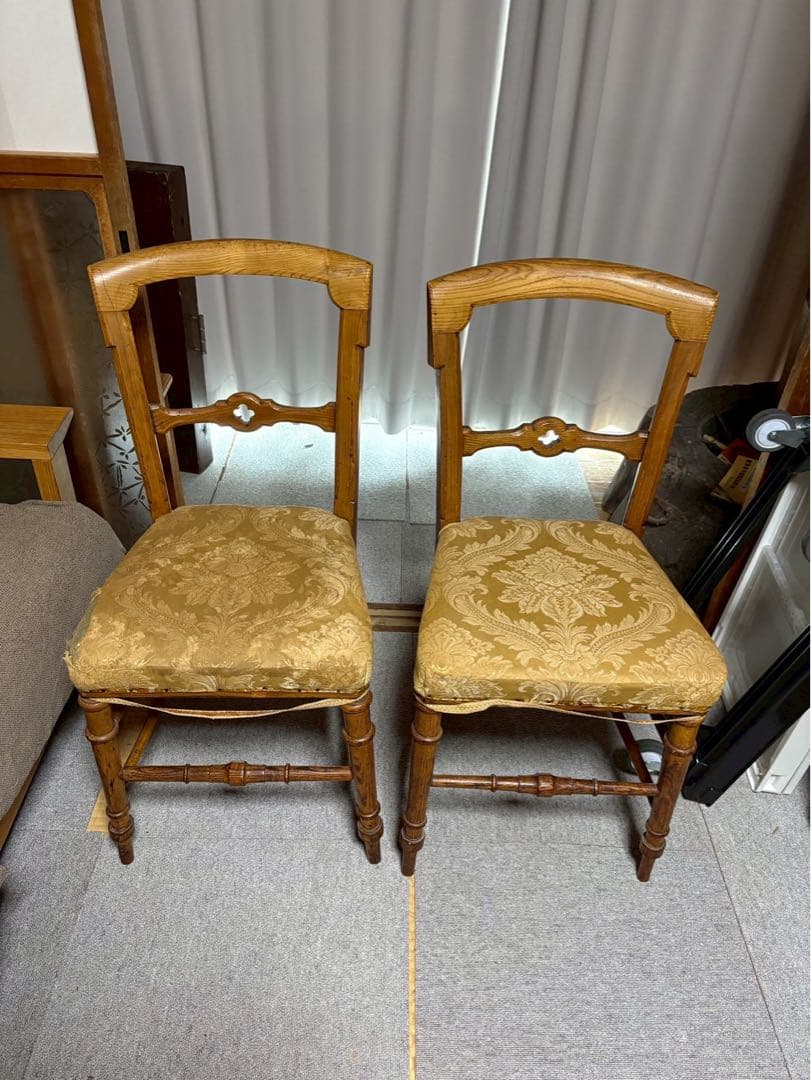 アンティーク調 木製ダイニングチェア 2脚セット 布張り　当時物　昭和レトロ