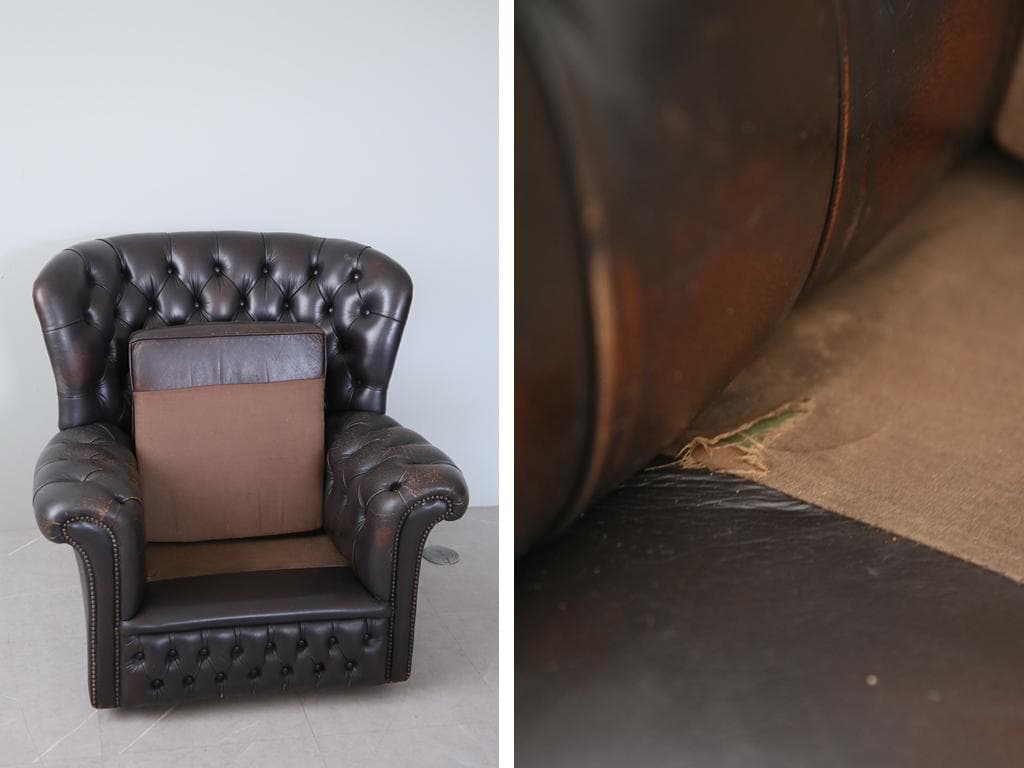 英国アンティークチェスターフィールドアームチェア/本革レザーソファー89-186