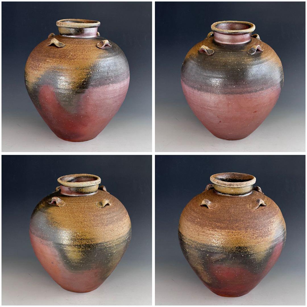 陶芸　備前焼　四耳壷　茶壷　伊勢崎卓　共箱　茶道具　現代陶芸　インテリア　鑑賞