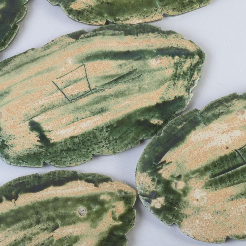 和食器　北大路魯山人作　織部焼　木の葉形　皿　五客　共箱　V　9871