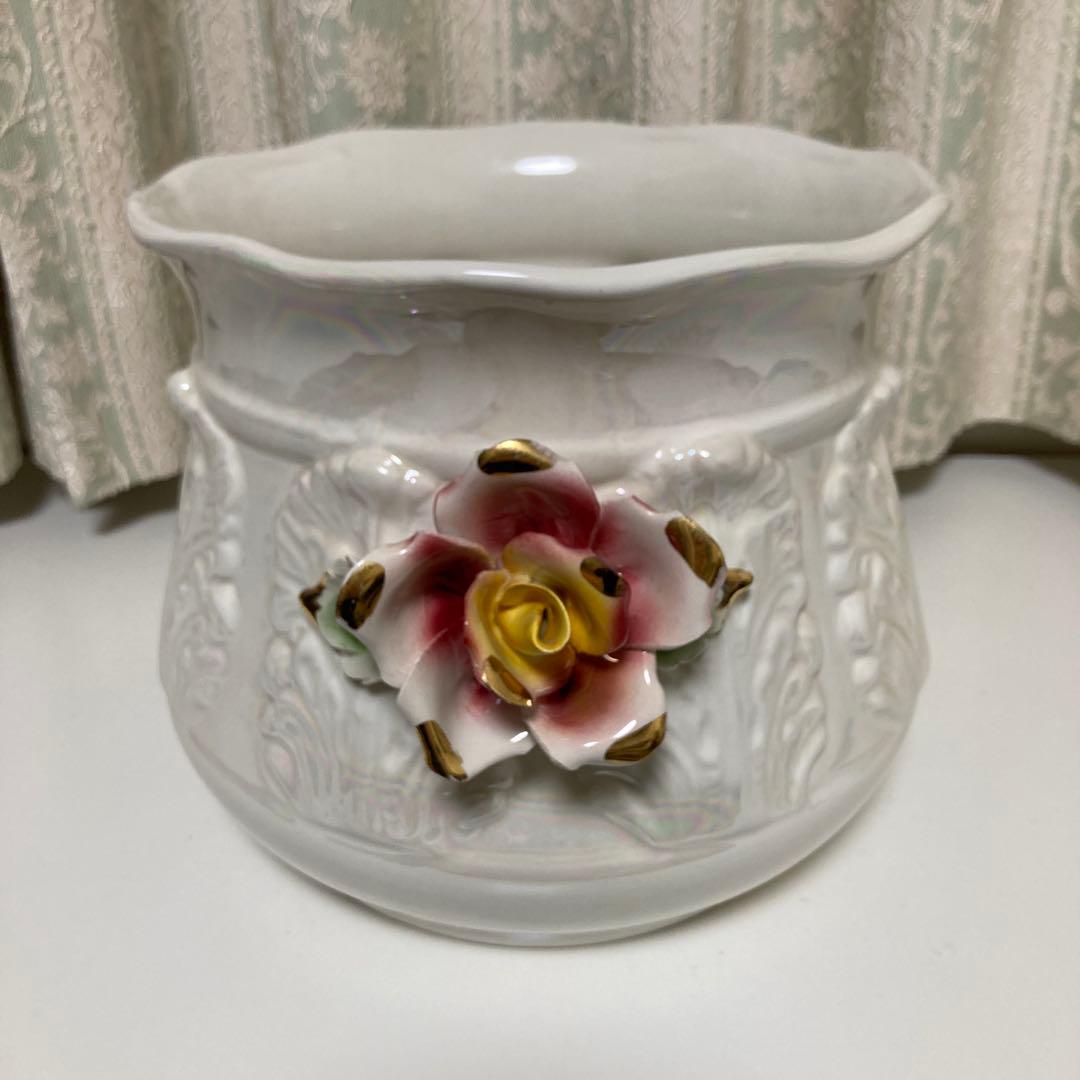 【造花付】カポディモンテ イタリア製 花瓶 フラワーベース 白＋虹色コーティング