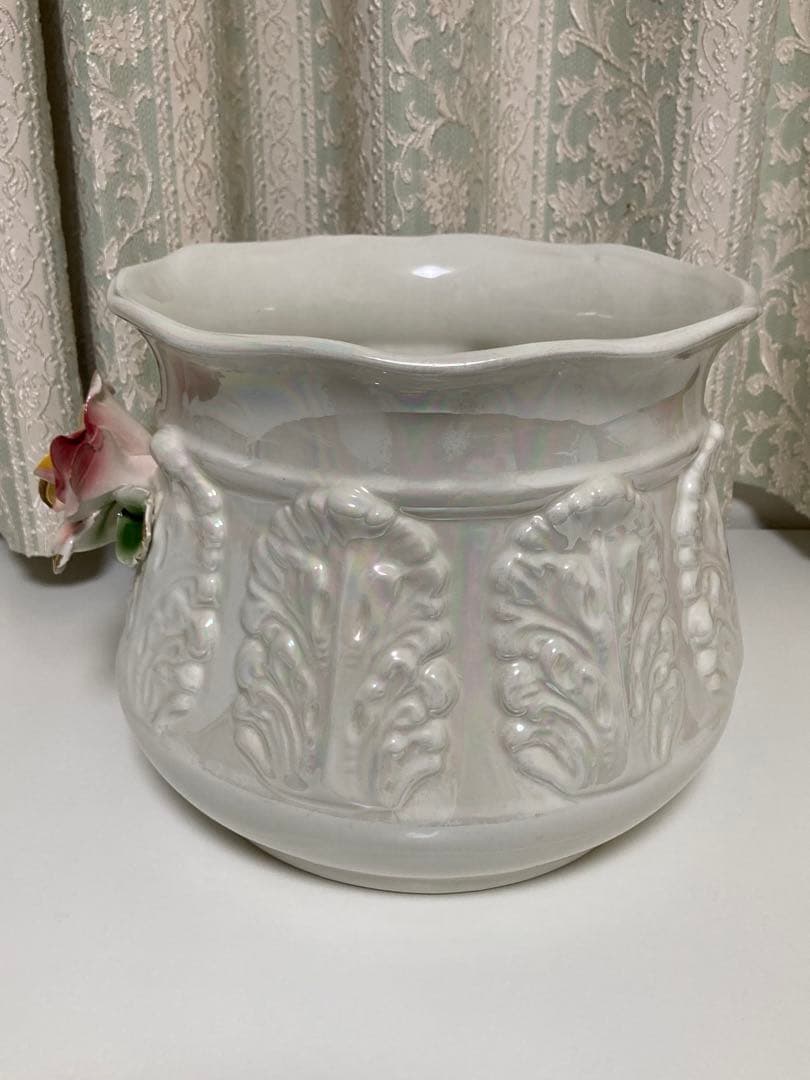 【造花付】カポディモンテ イタリア製 花瓶 フラワーベース 白＋虹色コーティング