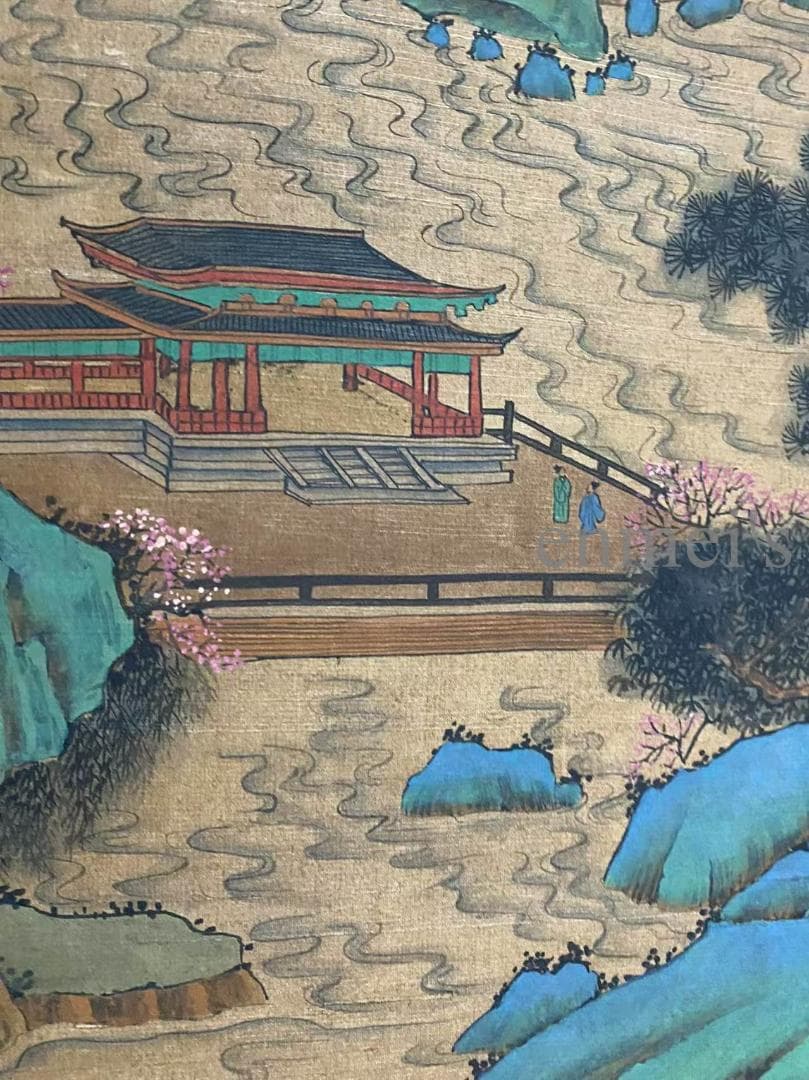 中国古美術 明代 謝時臣款 山水画 掛軸 手描き 絹布 唐物 書画 国画 在銘