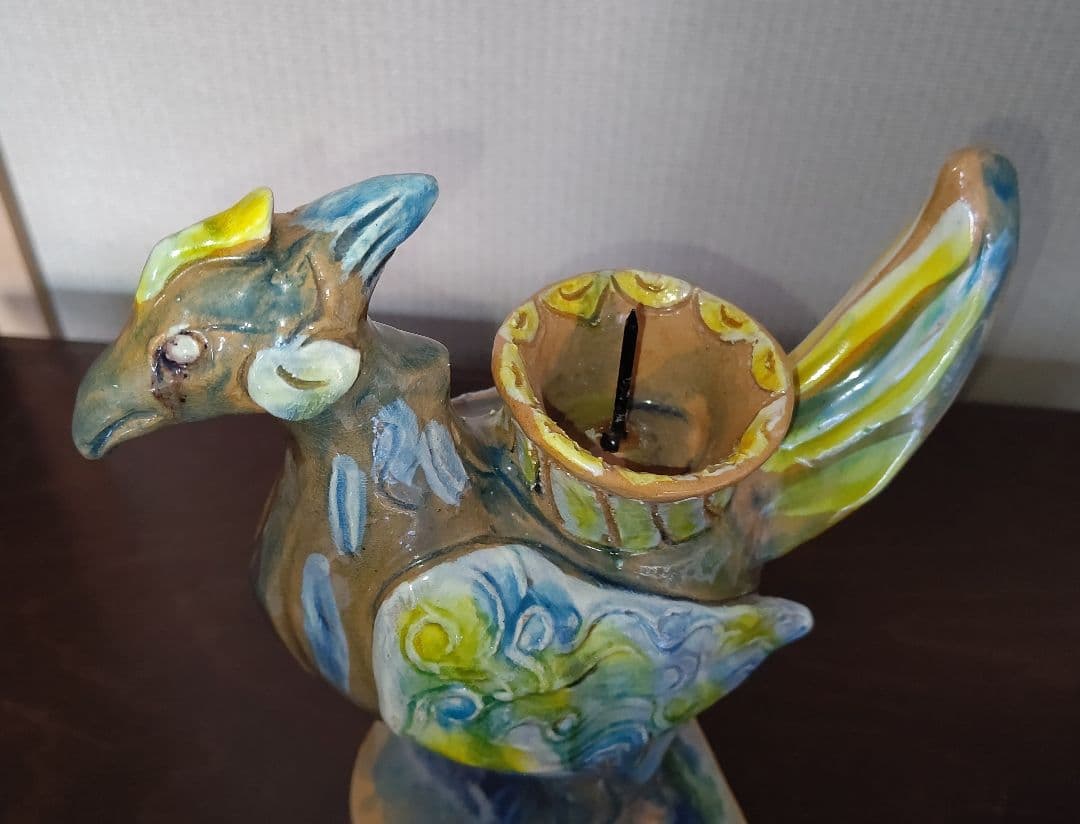ペルシャ風　三彩　鳥型燭台　芳炎作　一念窯　陶器 キャンドルスタンド 日本